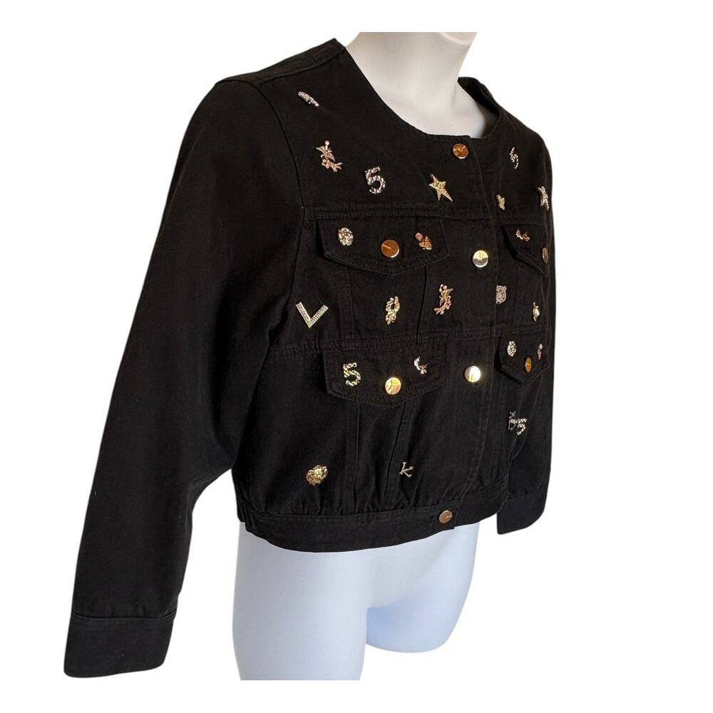 Oo La La Black Denim Embellished Collarless "Charm" Jacket Whimsy Bling size L - Picture 5 of 16